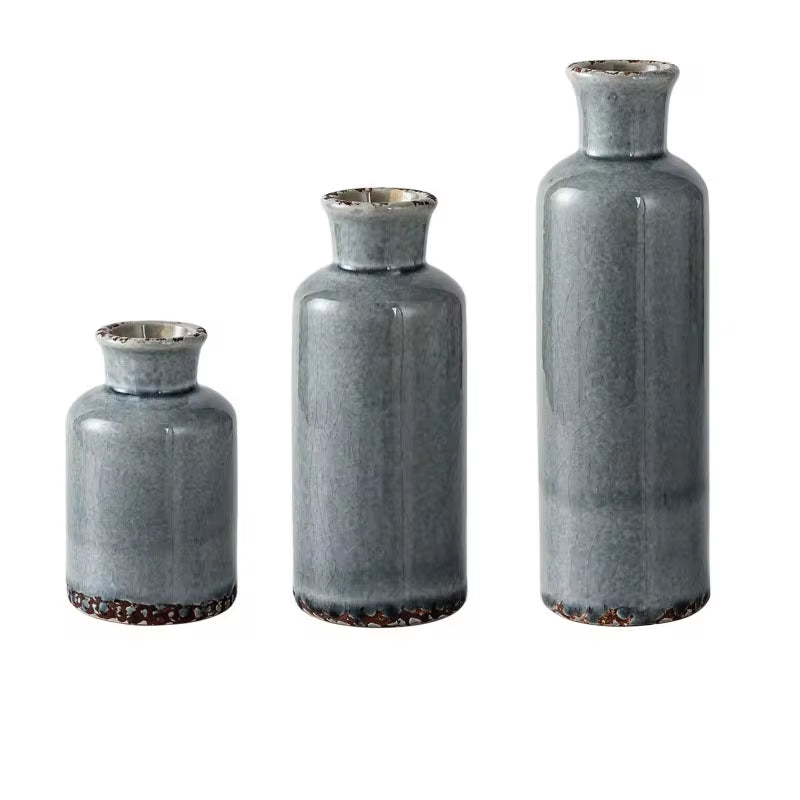 Retro Ceramic Vase Cracked Glaze 3 Pcs Flower Set Decorative Home Furnishing Vases