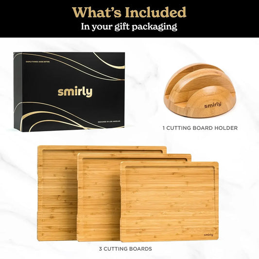 SMIRLY Wooden Cutting Boards for Kitchen - Bamboo Cutting Board Set with Holder, Wood Board Set, Cutting Board Wood,