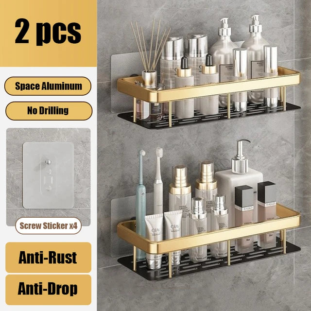 Bathroom Shelf Makeup Storage Organizer Aluminum Alloy Shampoo Rack Shower Shelf Bathroom Accessories No Drill Wall Shelf