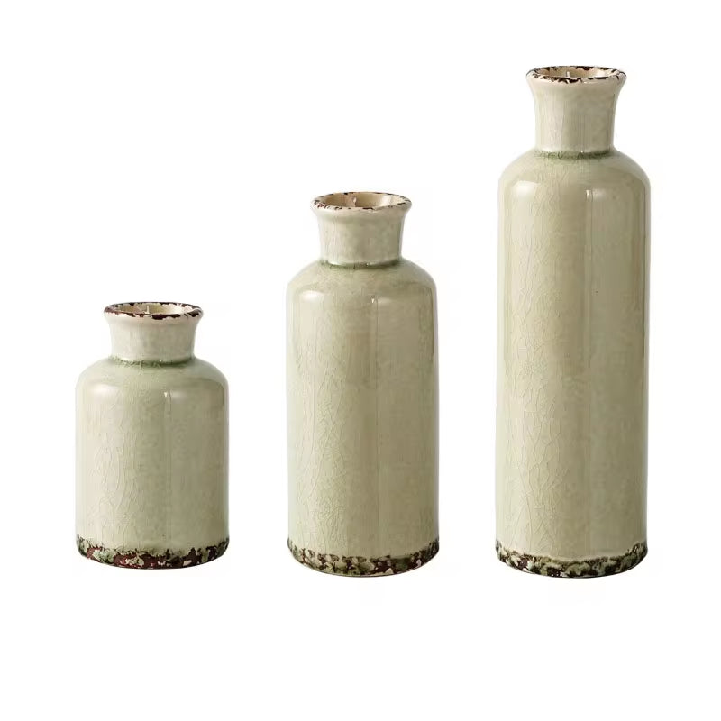 Retro Ceramic Vase Cracked Glaze 3 Pcs Flower Set Decorative Home Furnishing Vases