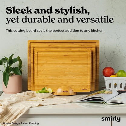 SMIRLY Wooden Cutting Boards for Kitchen - Bamboo Cutting Board Set with Holder, Wood Board Set, Cutting Board Wood,